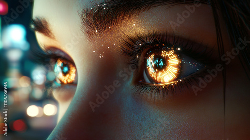 Glowing Eyes Woman Cyberpunk City Night Closeup 