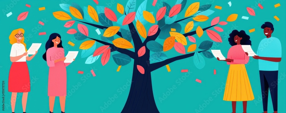 A colorful illustration of four diverse people interacting with a vibrant tree, symbolizing growth, connection, and creativity. A colorful illustration of four diverse people interacting with a vibrant tree, symbolizing growth, connection, and creativity.