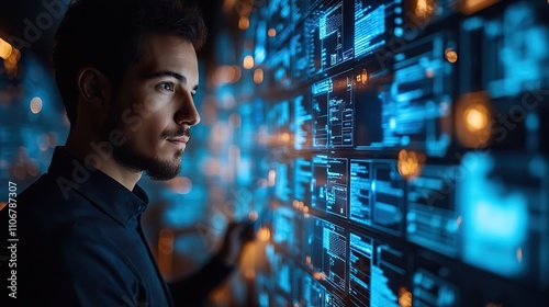 A businessman interacts with a digital document management system on a virtual screen The screen displays documents and a data flow diagram against a dark blue background