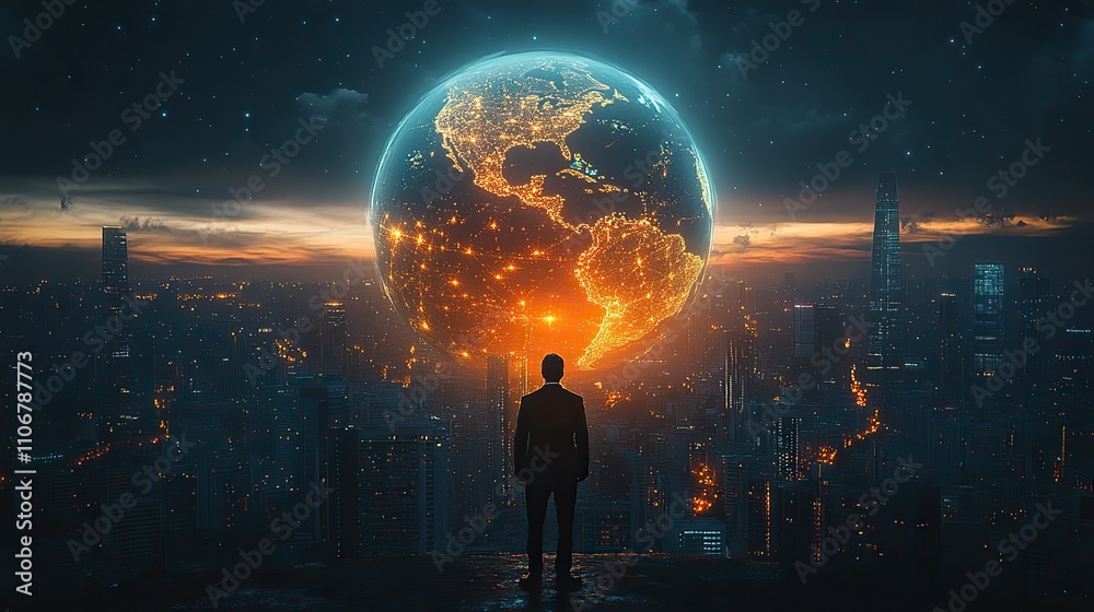 A businessman stands before a glowing Earth network on a city background, showcasing global connectivity in a digital age A businessman stands before a glowing Earth network on a city background, showcasing global connectivity in a digital age