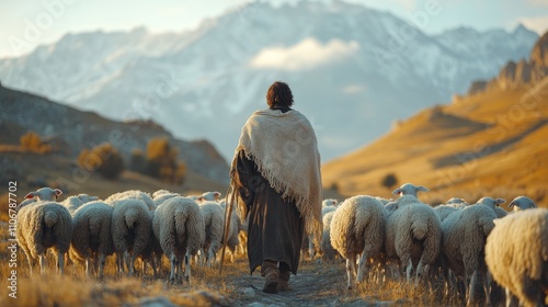 A Shepherd Leading a Flock of Sheep Through a Mountainous Landscape at Sunset