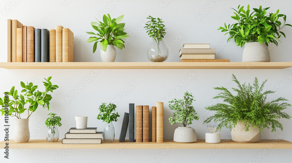 Stylish Home Decor  Books  Plants   Wooden Shelves