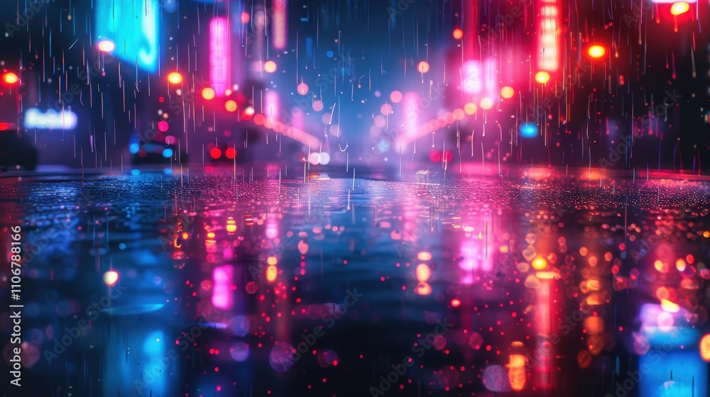 Fototapeta premium A vibrant, rain-soaked street scene illuminated by colorful neon lights, creating a reflective and atmospheric urban environment.