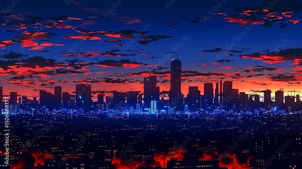 Cityscape at Dusk with Red and Blue Skies and Glowing Lights