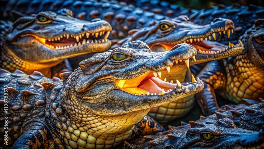 Captivating Low Light Photography of Alligators Showcasing Their Powerful Jaws and Sharp Teeth from an Aerial Perspective, Highlighting the Intricacies of These Remarkable Creatures Captivating Low Light Photography of Alligators Showcasing Their Powerful Jaws and Sharp Teeth from an Aerial Perspective, Highlighting the Intricacies of These Remarkable Creatures