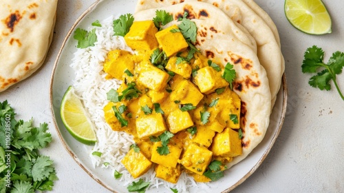 A vibrant plate of mango curry tofu served with jasmine rice and naan bread, Mango curry tofu arranged beautifully with cilantro leaves for garnish, Lime wedges on the side photo