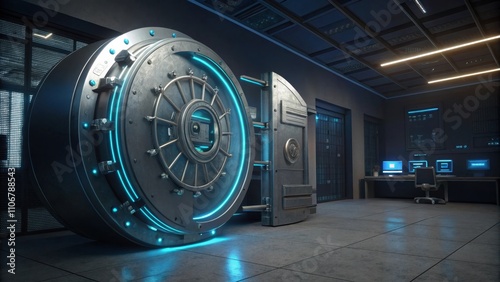 A futuristic vault emitting a soft glow signifying the imtrable storage of sensitive information against quantum computing threats. photo