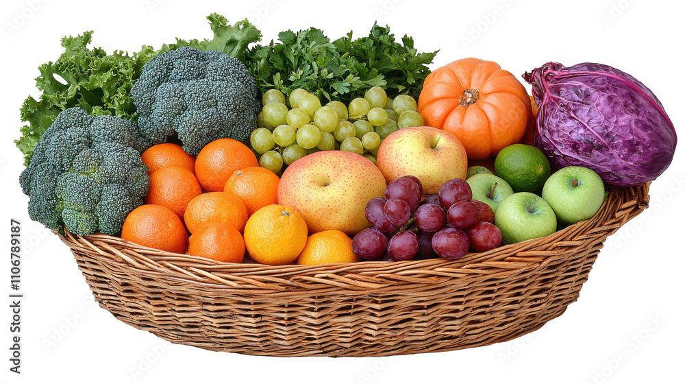 A vibrant selection of fresh fruits and vegetables, including apples, oranges, grapes, broccoli, and pumpkin, beautifully arranged in a woven basket A vibrant selection of fresh fruits and vegetables, including apples, oranges, grapes, broccoli, and pumpkin, beautifully arranged in a woven basket
