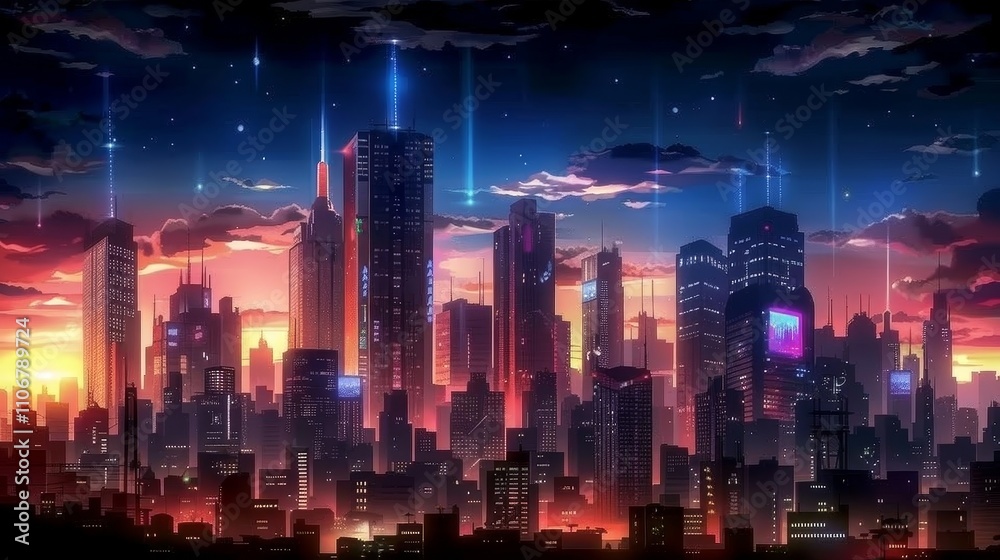 Futuristic Cityscape with Glowing Towers and Beams of Light Futuristic Cityscape with Glowing Towers and Beams of Light