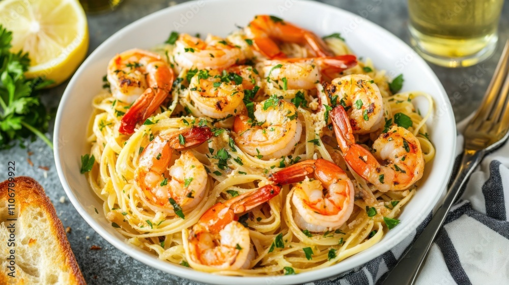 A vibrant plate of shrimp scampi with garlic, lemon, and parsley A vibrant plate of shrimp scampi with garlic, lemon, and parsley