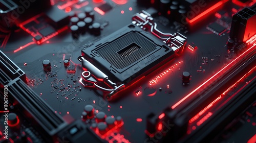 A close-up view of a motherboard with glowing red accents and a CPU socket. photo