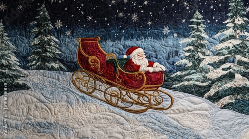 Handmade quilt featuring Santaa??s sleigh and a snowy landscape.