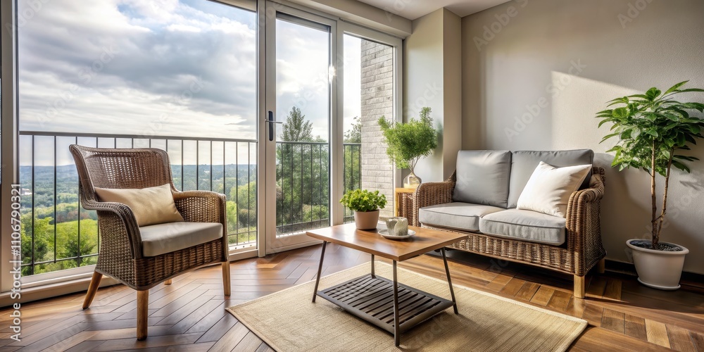 Naklejka premium Cozy loggia in apartment with armchair and coffee table, loggia, apartment, cozy, armchair, coffee table, interior