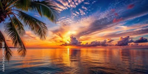Picturesque tropical sunset over the sea, beach, paradise, ocean, summer, vacation, tranquil, landscape, horizon