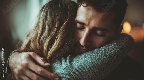 A person comforting a friend with a gentle hug, conveying empathy and support in a somber setting.