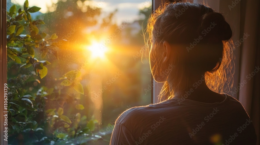 A person gazing out the window as the sun rises, taking in the beauty of the morning. A person gazing out the window as the sun rises, taking in the beauty of the morning.