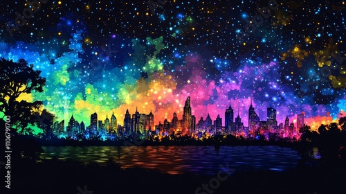 A Colorful Night Sky Above a City Skyline