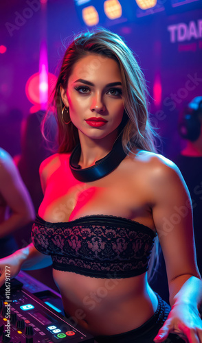 Neon-lit portrait of a gorgeous woman dancing in a nightclub, showcasing the beauty and energy of nightlife and music culture.
