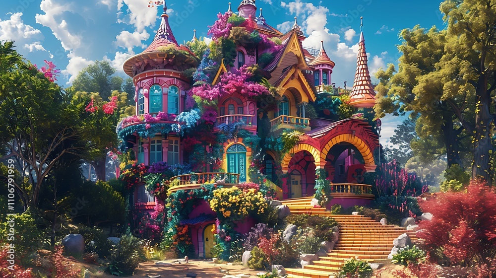 Fairy prince's fantasy: intricate colorful villa with outdoor stairs and a fantastical fairy landscape Fairy prince's fantasy: intricate colorful villa with outdoor stairs and a fantastical fairy landscape
