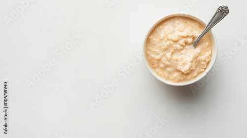 A bowl of creamy oatmeal on a plain surface, ready for breakfast or a healthy snack.