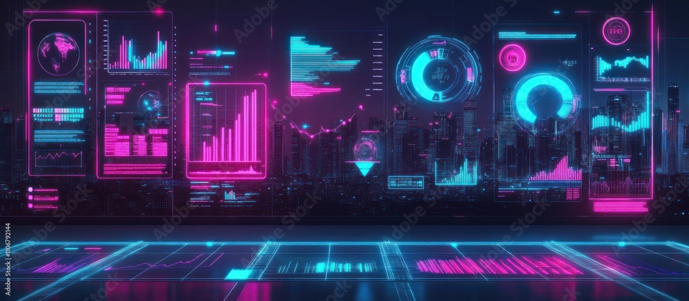 Futuristic city skyline with holographic data displays showing graphs, charts, and analytics. Futuristic city skyline with holographic data displays showing graphs, charts, and analytics.