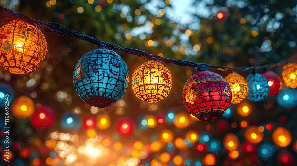 Obraz premium A close-up of a Mexican fiesta at night with colorful decorations, captured with bokeh effects