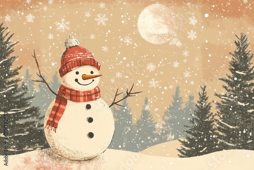 Wallpaper Mural Cute snowman in a red hat and scarf stands against snow-covered fir trees.  Torontodigital.ca