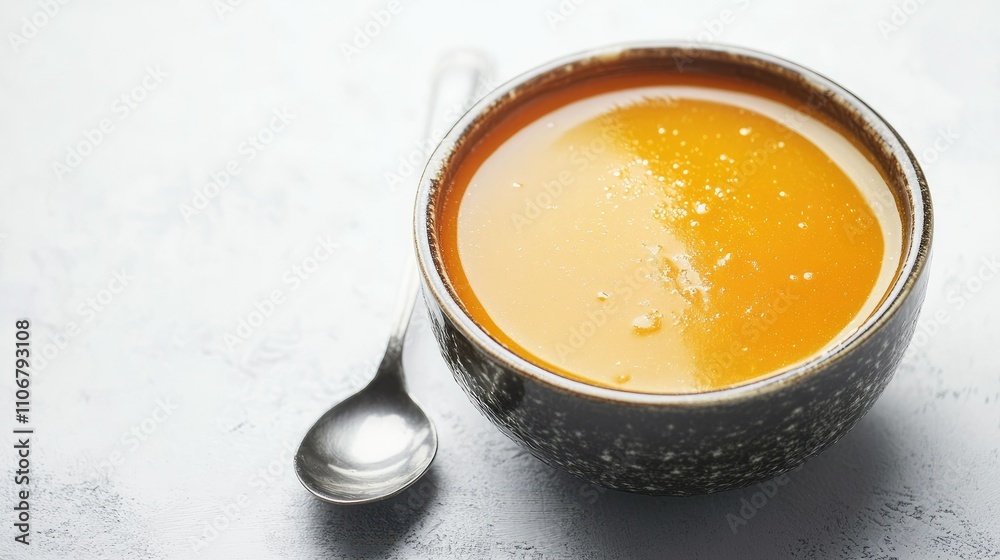 A bowl of smooth, orange soup garnished with a sprinkle of seasoning. A bowl of smooth, orange soup garnished with a sprinkle of seasoning.