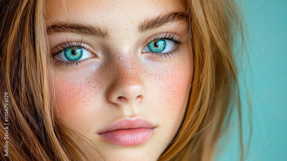 Stunning Close up Portrait of a Young Woman with Freckles and Green Eyes Stunning Close up Portrait of a Young Woman with Freckles and Green Eyes