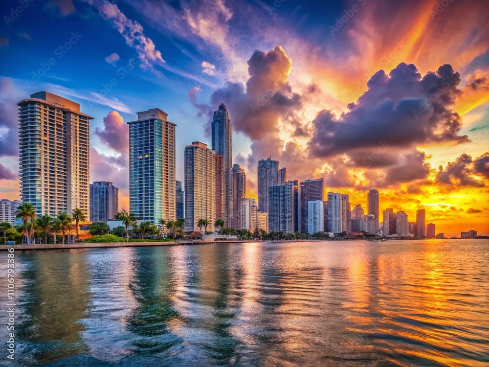 Fototapeta premium Captivating Miami Beach Skyline with Downtown Construction Overlooking Serene Waters in a Beautiful Urban Landscape