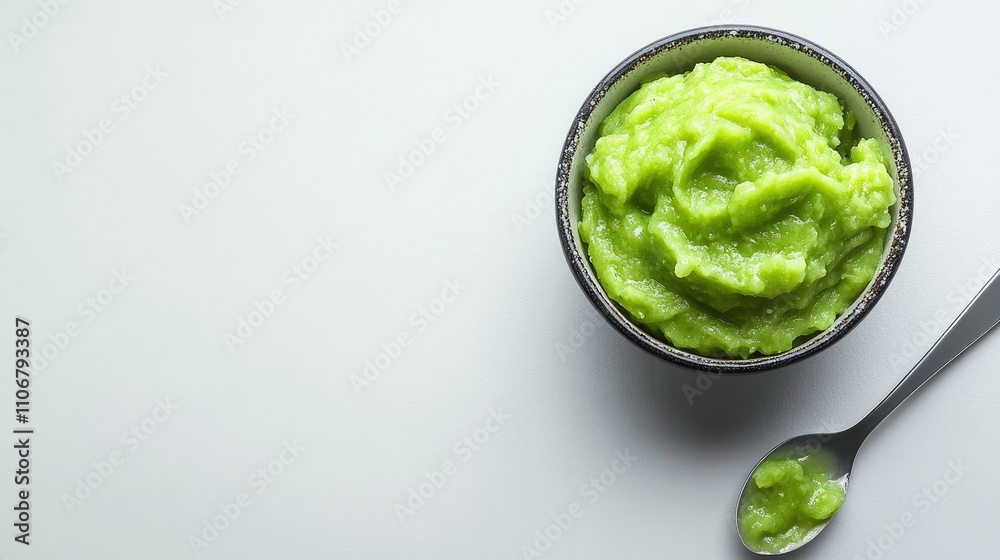 Obraz premium A bowl of vibrant green mash, likely made from peas or avocado, accompanied by a spoon.