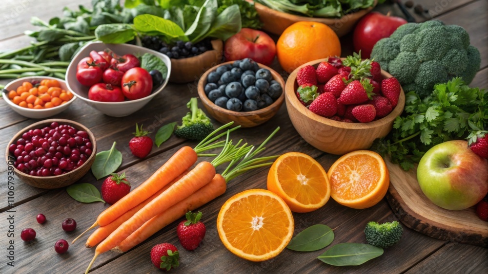 A wooden table adorned with a vibrant assortment of fresh fruits and vegetables emphasizing nutrition and vitality. A wooden table adorned with a vibrant assortment of fresh fruits and vegetables emphasizing nutrition and vitality.
