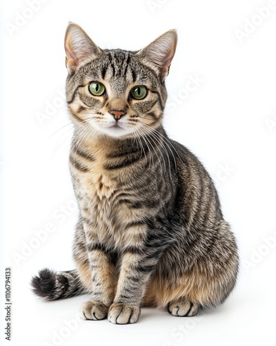 A graceful grey-striped cat with green eyes sits elegantly against a white background.