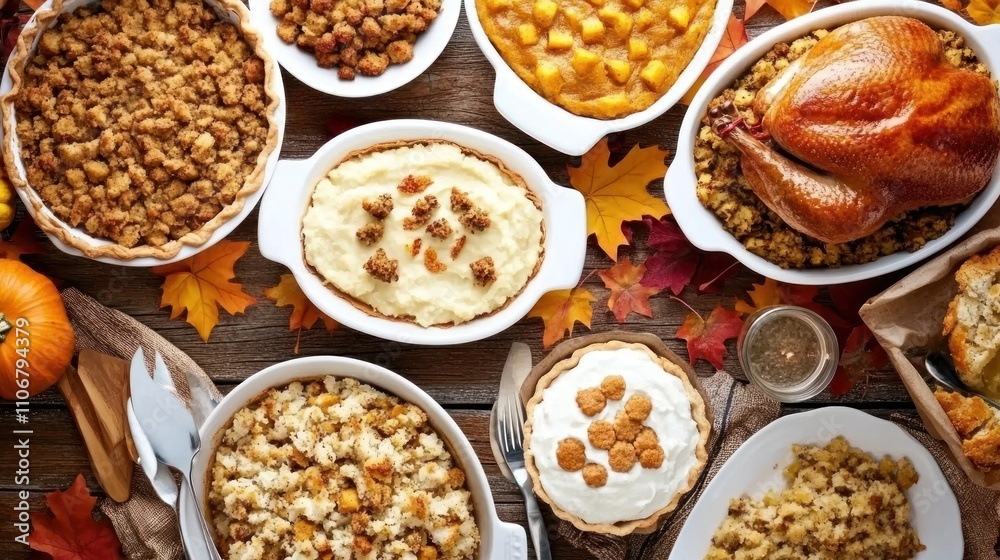 Overhead view of a Thanksgiving feast with roasted turkey, mashed potatoes, stuffing, pumpkin pie, and other traditional dishes. Overhead view of a Thanksgiving feast with roasted turkey, mashed potatoes, stuffing, pumpkin pie, and other traditional dishes.