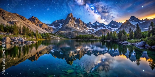 Captivating Moonlit Minaret Range Reflected in Ediza Lake Under a Starry Sky, Showcasing Nature's Beauty and Tranquility in the Sierra Nevada Mountains at Night photo