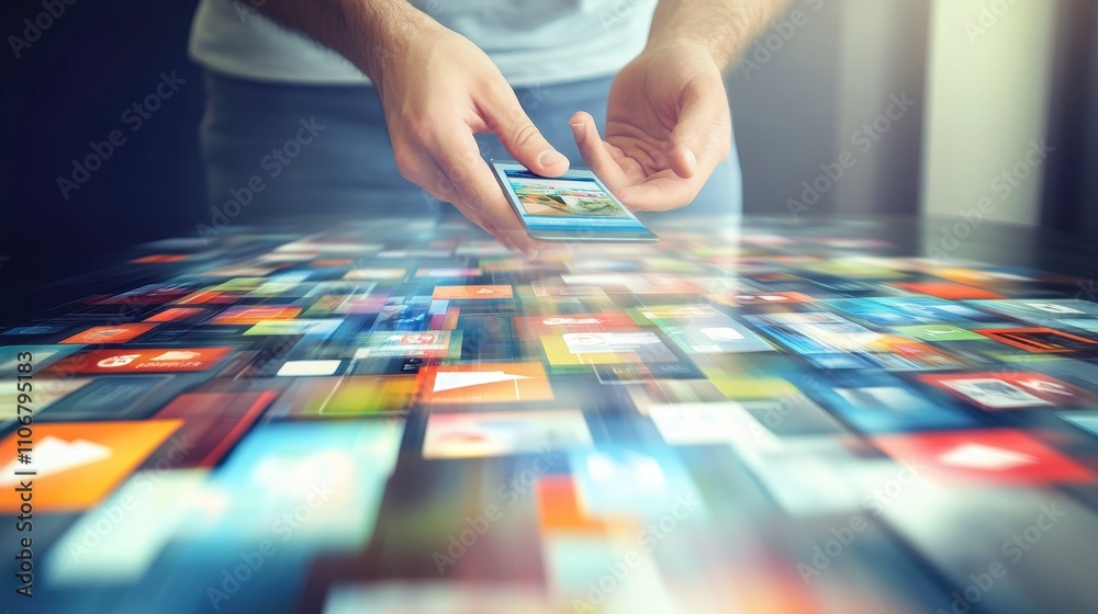 Fototapeta premium Person Using Smartphone Among Colorful App Icons