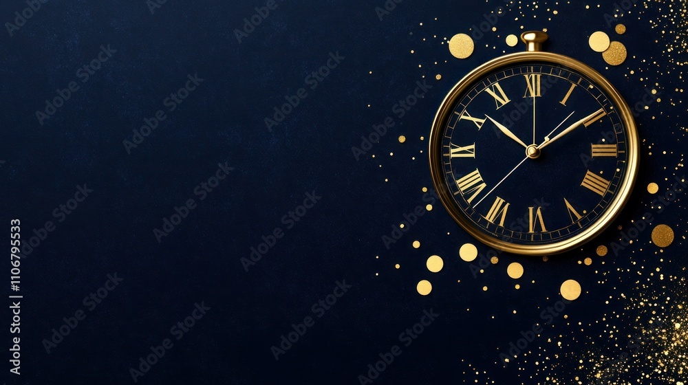 Golden New Year Greetings: Clock on Blue Gradient with Bokeh Stars and Circles Golden New Year Greetings: Clock on Blue Gradient with Bokeh Stars and Circles