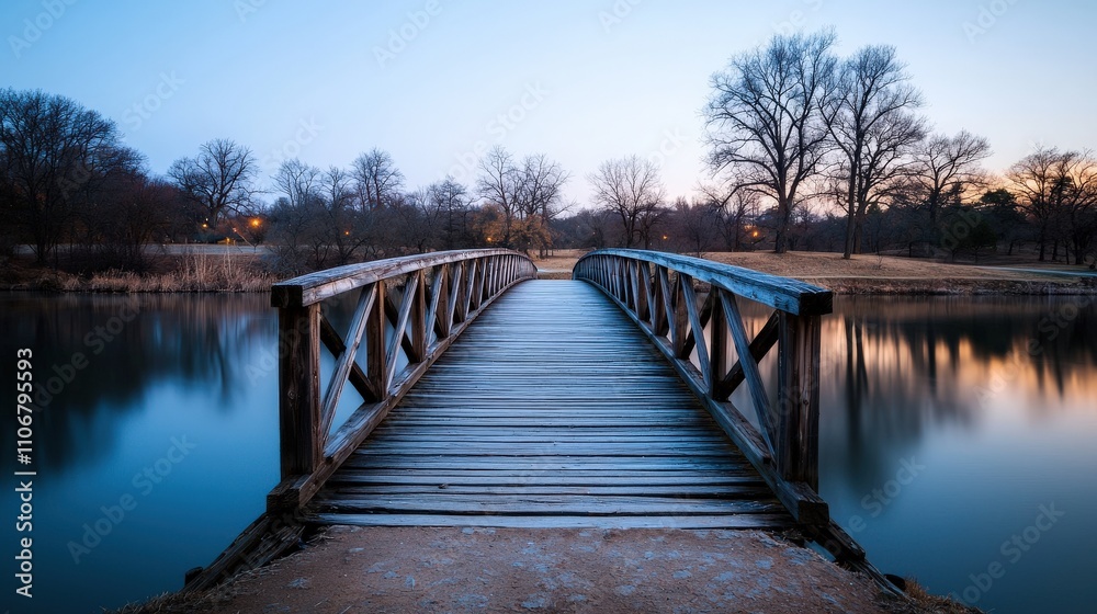 A serene wooden bridge extends over calm waters, surrounded by trees, creating a peaceful landscape at dusk. A serene wooden bridge extends over calm waters, surrounded by trees, creating a peaceful landscape at dusk.