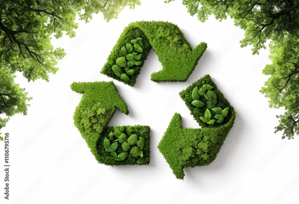 Eco-Friendly Recycling Symbol with Greenery and Leaves on a Clean White Background. Eco-Friendly Recycling Symbol with Greenery and Leaves on a Clean White Background.
