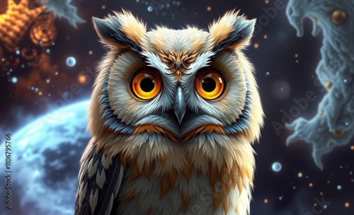 owl christmas Digital painting of a mystical owl surrounded by cosmic elements, suitable for creating a fantasy or science fiction themed design  animal, decoration, season, bird photo