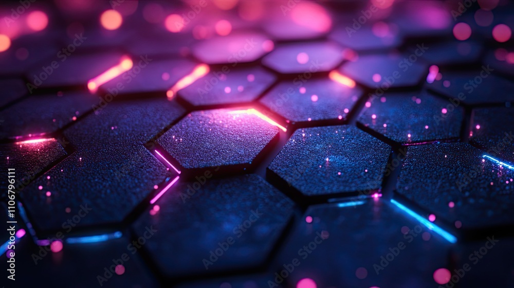 A closeup of an organic hexagonal grid pattern features blue and purple neon lighting A closeup of an organic hexagonal grid pattern features blue and purple neon lighting