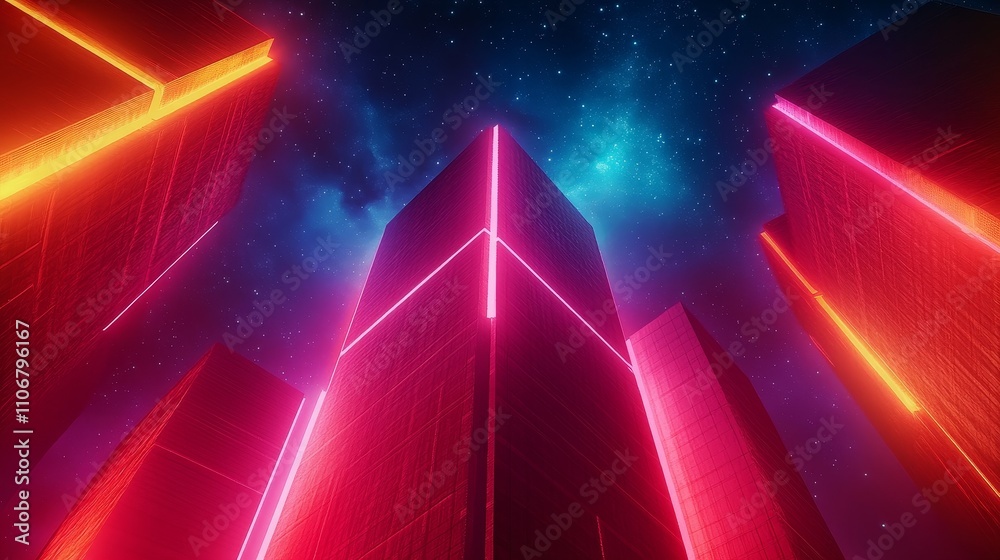 Abstract Neon Towers Reaching Upward Into a Starry Sky