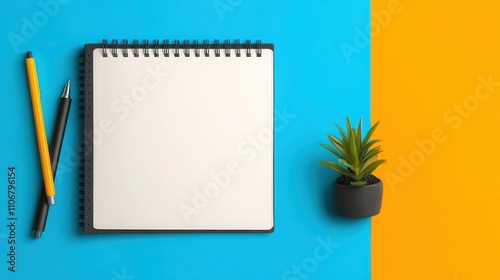 Colorful Desk with Notebook, Key Takeaways, White Pen, Plant, and Eraser