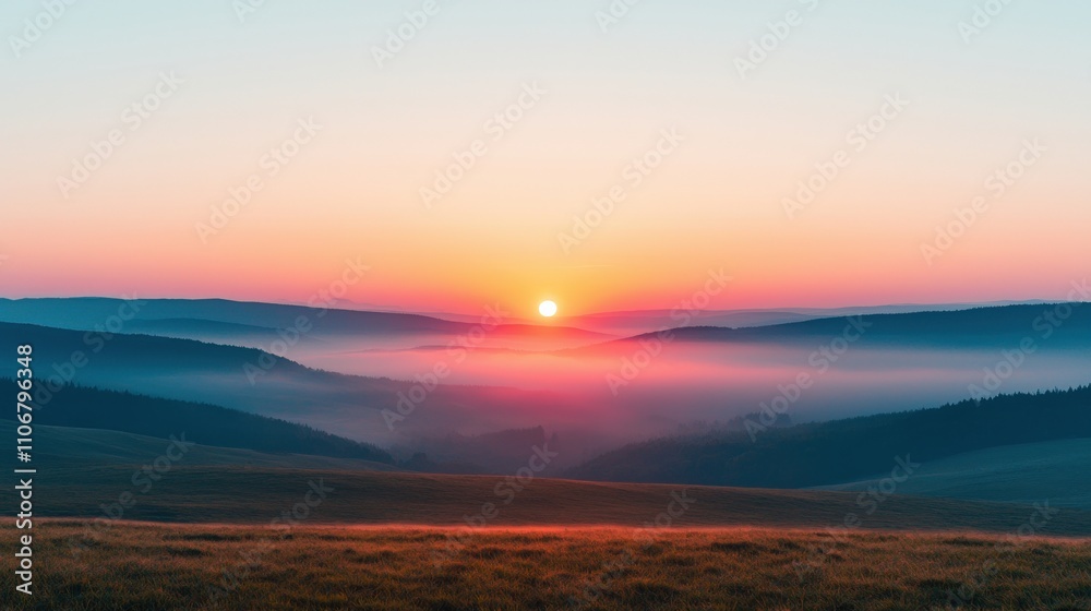 Fototapeta premium A stunning sunrise casts warm hues over misty hills, creating a serene landscape that evokes peace and tranquility.