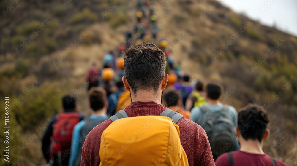 Naklejka premium A group of hikers ascends a hillside, showcasing camaraderie and adventure in a natural setting.