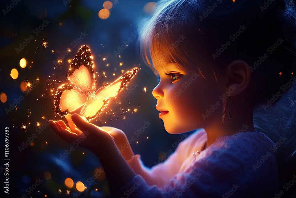 Fototapeta premium Child admiring glowing butterfly at night