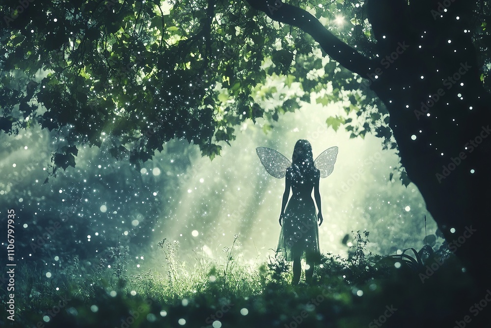 Enchanted forest with fairy silhouette in sunlight Enchanted forest with fairy silhouette in sunlight