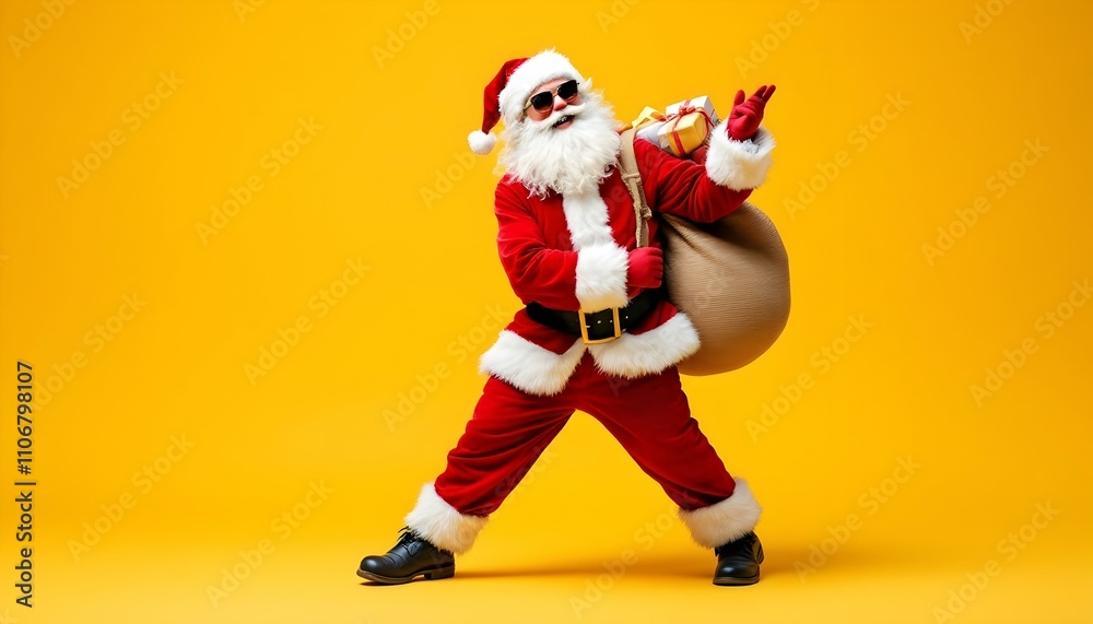 Full size profile side photo of funky fat santa claus with huge abdomen hold gift wish bag go walk travel around world on christmas night eve wear x-mas hat suspenders isolated. Full size profile side photo of funky fat santa claus with huge abdomen hold gift wish bag go walk travel around world on christmas night eve wear x-mas hat suspenders isolated.