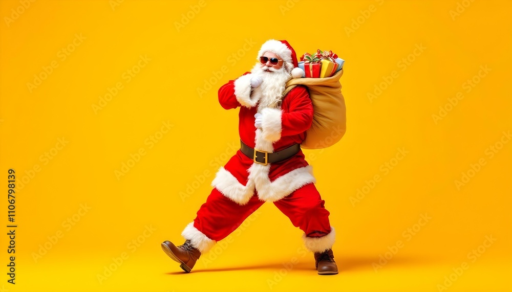 Full size profile side photo of funky fat santa claus with huge abdomen hold gift wish bag go walk travel around world on christmas night eve wear x-mas hat suspenders isolated. Full size profile side photo of funky fat santa claus with huge abdomen hold gift wish bag go walk travel around world on christmas night eve wear x-mas hat suspenders isolated.