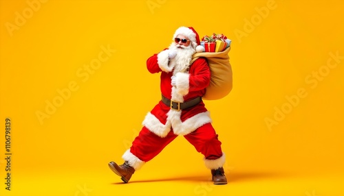 Full size profile side photo of funky fat santa claus with huge abdomen hold gift wish bag go walk travel around world on christmas night eve wear x-mas hat suspenders isolated.